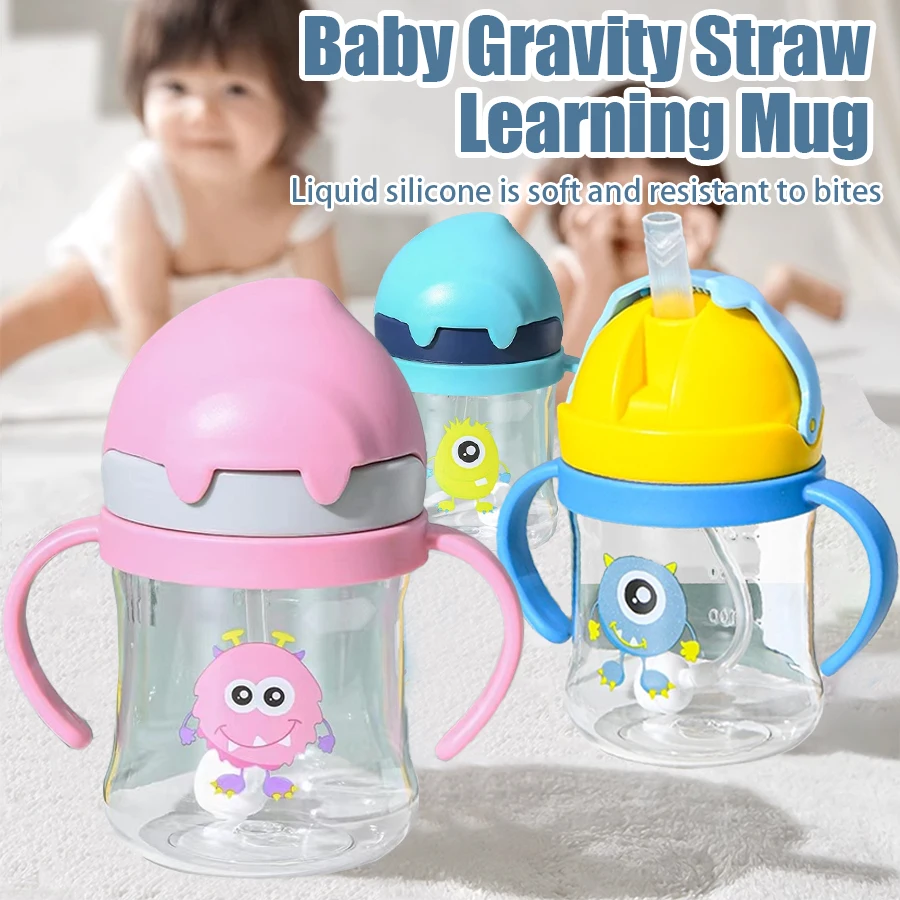 Cartoon Pattern Outdoor Child Drinking Bottle Straw Baby Feeding Cup Kids Training Portable Handle Water Bottle 250ML water bottle feeding bottle