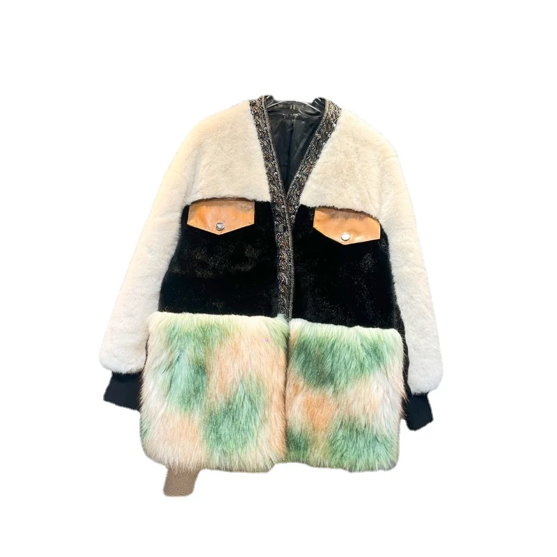 V-neck Sequins Embroidered Long-Sleeved Fur Wool Coat Women 2023 Winter New Fashion Mink Fur Mid-Length Loose Warm Faux Fur Coat