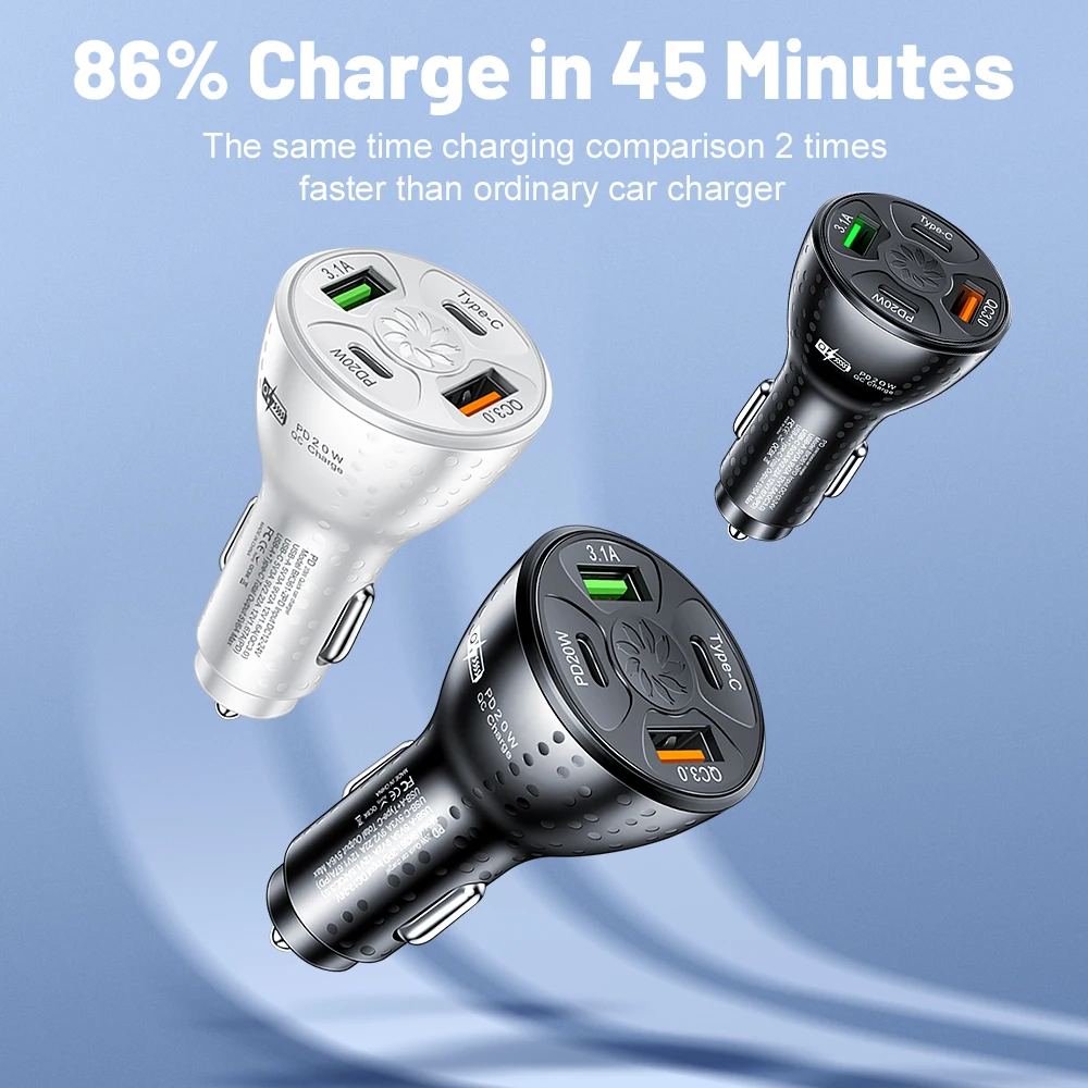 38W USB Car Charger Fast Charging 4 Ports PD Type C Car Phone Charger Adapter For iPhone Xiaomi Samsung Quick Charger In Car