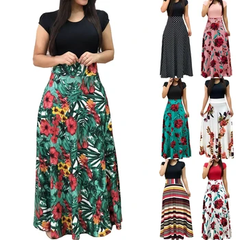 Summer Women Flower Print Patchwork abito lungo girocollo maniche corte Casual vita alta Boho Beach Dresses Fashion 5XL 1