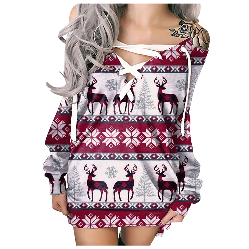 Spring Autumn Christmas Print Vintage Casual Mid-length Hoodie Long-sleeve V-neck Top Woman Oversize Tying Wide Loose Hoodies