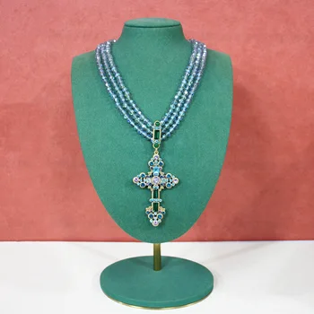 European and American Fashion Trends,  Literary Niche Design, Handmade Crystal Beaded Cross, Shiny Rhinestone Sweater Necklace 1
