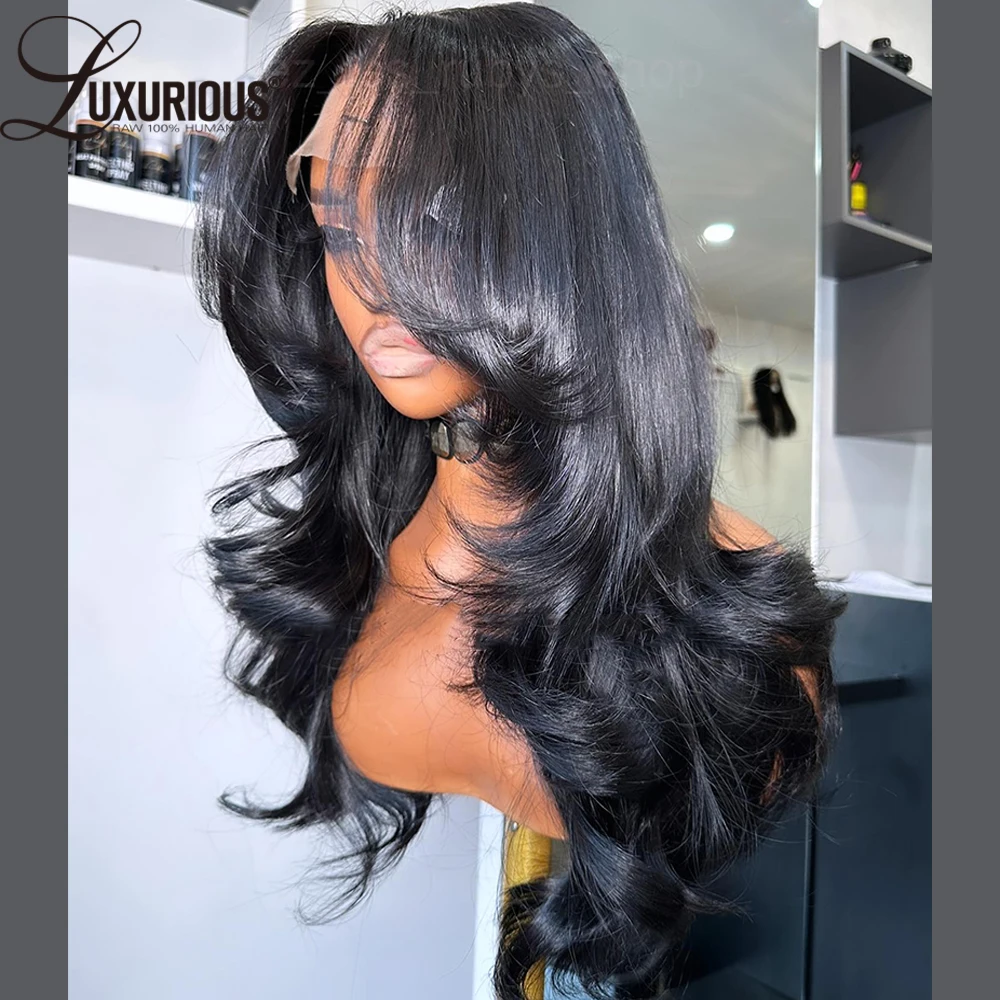 Glueless 360 Lace Wig Human Hair Blow-out Layered Human Hair Wig Natural Black Color Wear And Go Preplucked 250%