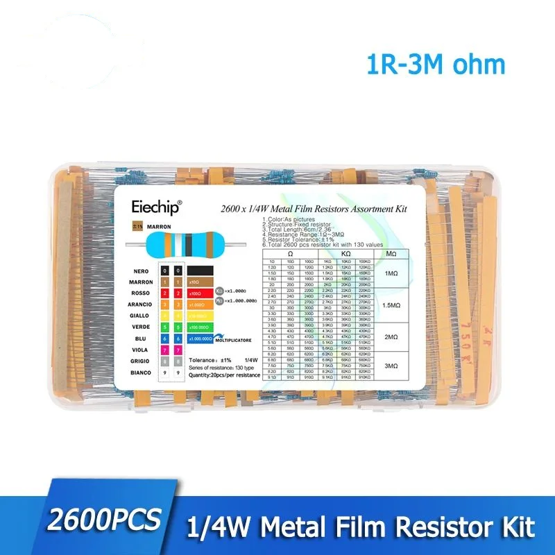 

2600PCS 130 Values 1/4W 1% Metal Film Resistor Assorted Kit 1~3M ohm Resistance 0.25W Resistors High-Quality