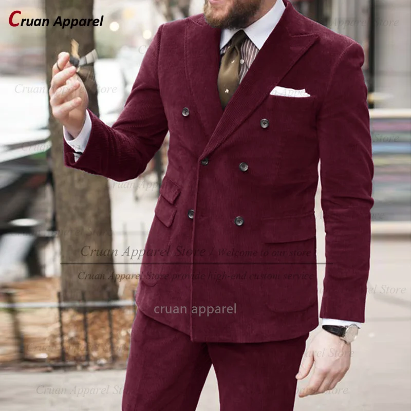 Description Picture 4 of itemCorduroy Suits for Men Two Pieces Business Prom Tuxedos Tailor-made Vintage Wedding Double Breasted Suit Jacket Pants Set