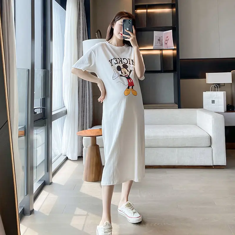 Disney Dongdaemun Maternity Dress Short Sleeve T-shirt Skirt 2022 Summer Cartoon Mickey Printed Summer Dress Fashion