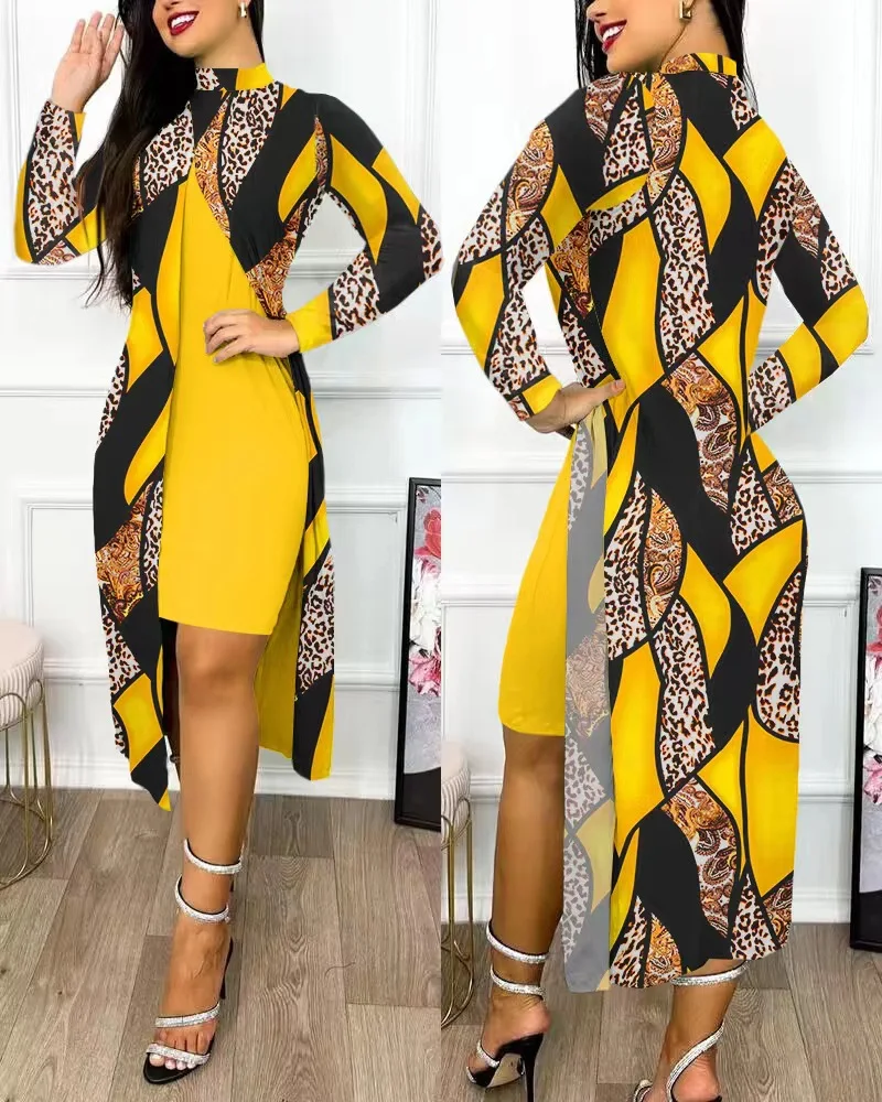 S481b11f4890b4ceea616793d186196eeT Fashion Long Sleeve Office Bodycon Midi Dress Women, Autumn Bilayer Print Elegant Party Ladies Dresses For Women Mallzona