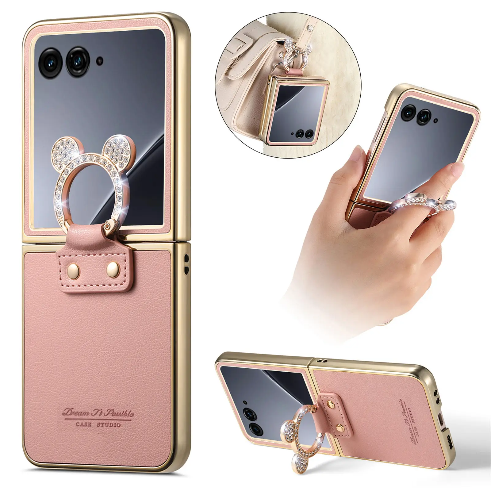 Elegant Magnetic Ring Holder Leather Case with Diamond Accents - Shockproof & Stylish Cover
