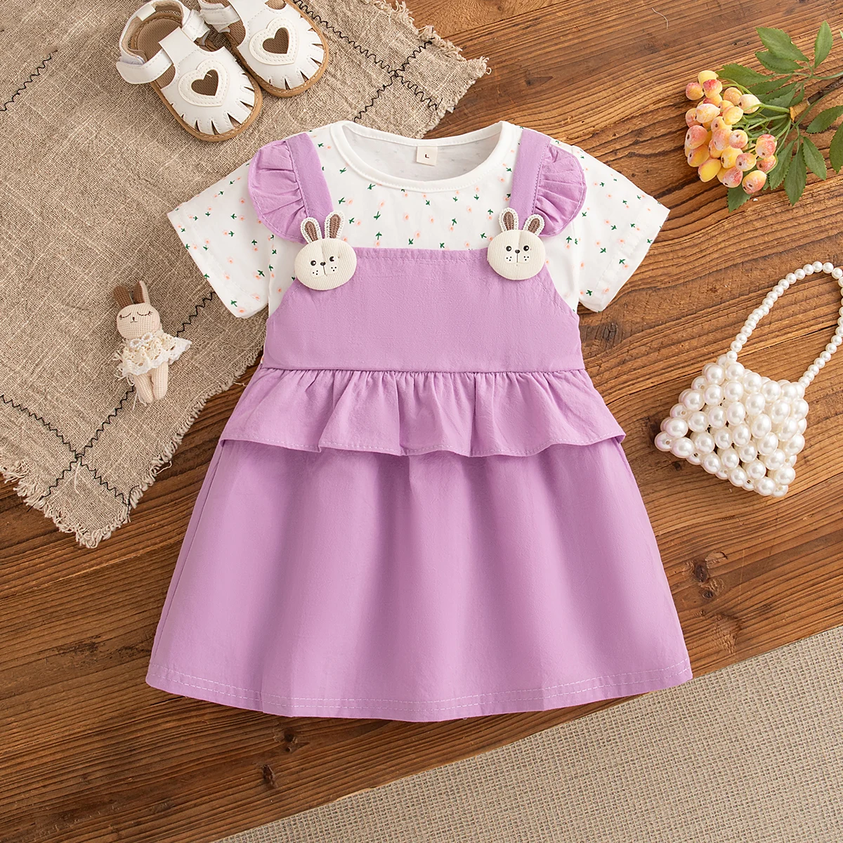 فستان بناتي قطعتين زهور وأرنب