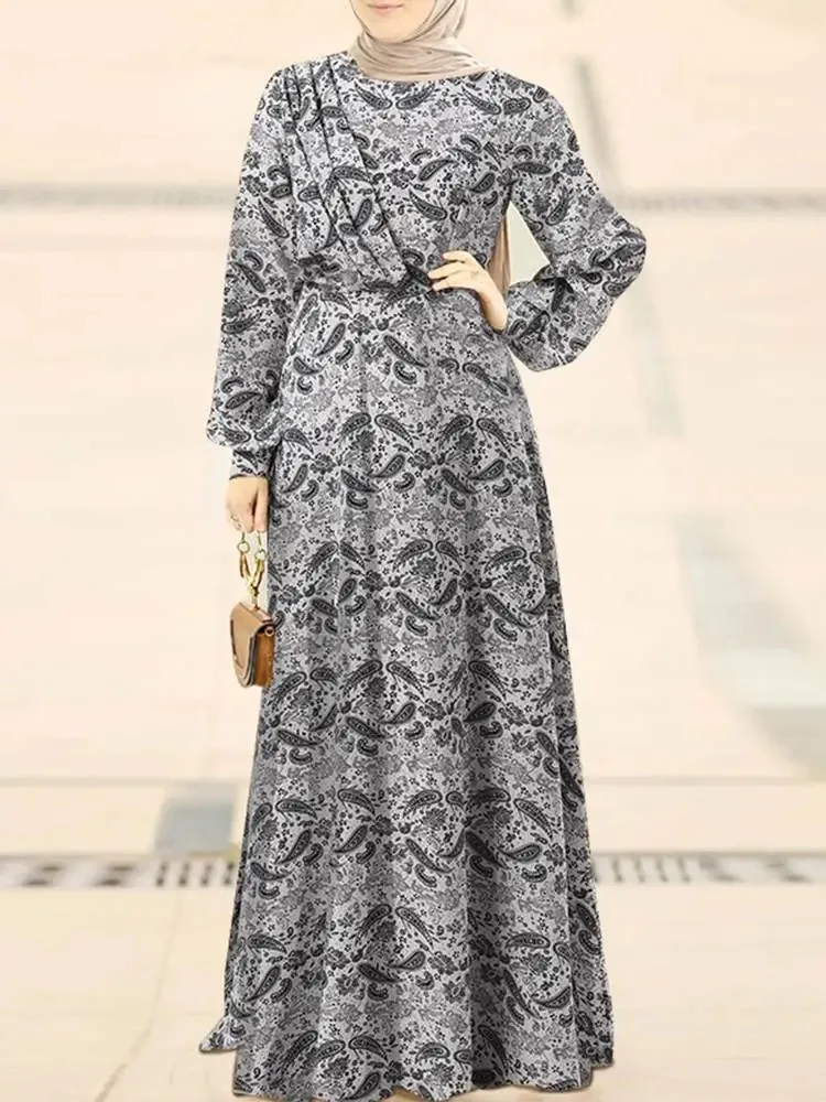 

New Muslim Print Waist Pleated Back Zipper Print Dress