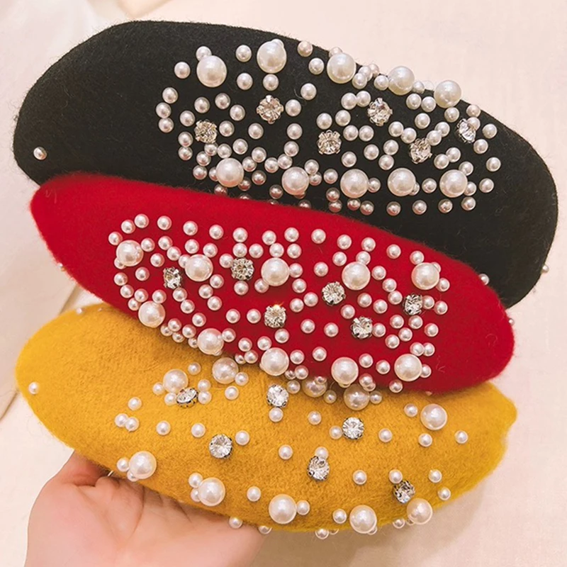 

Pearl Wool Beret Hats Women Winter British Rretro Woolen Octagonal Hat Female Fashion Pumpkin Caps Lady Rhinestones Beanie Cap