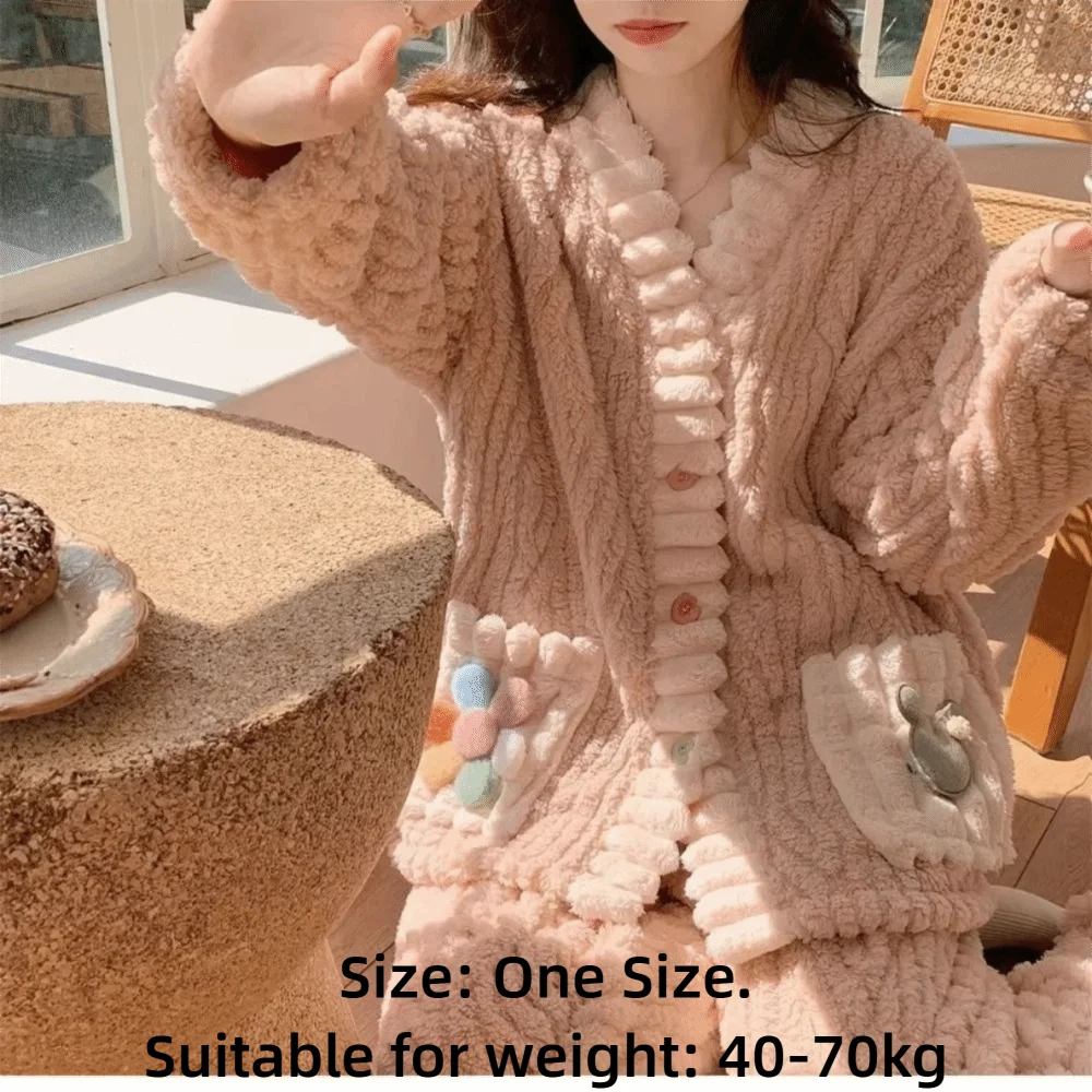 Sweet Thickened Women Sleepwear Nightwear Coral Fleece Warm Ladies Pajamas Homewear Soft Loungewear Cardigan Suit Autumn Winter