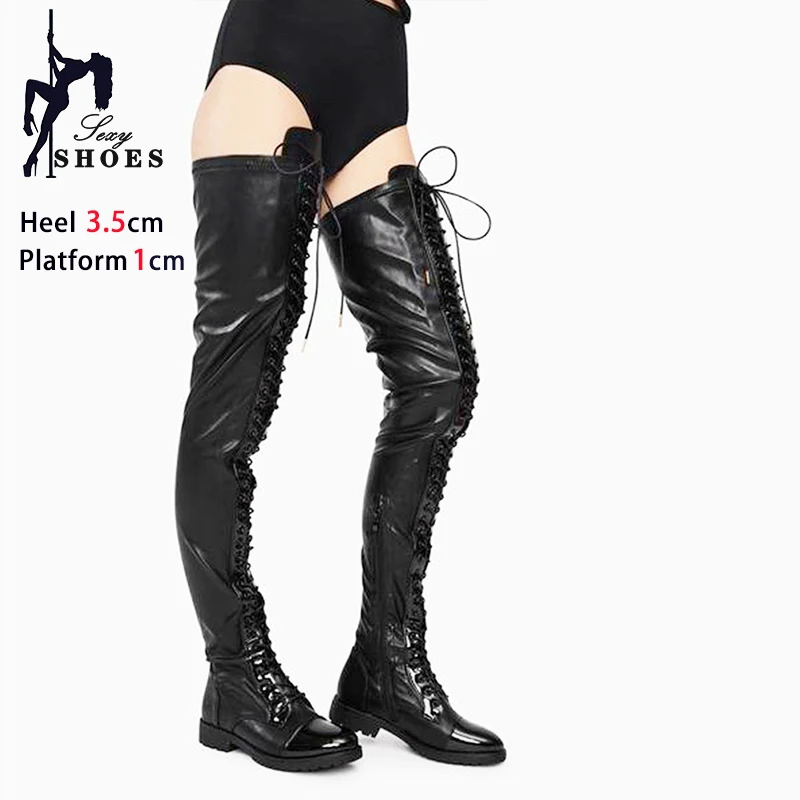 Sexy Knight Boots Nightclub Lady Low Heels Elastic Leather Red Winter Shoes Women Thigh Boots For Lacing Botas Mujer Size 44 45