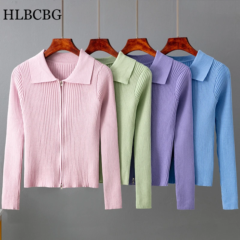 

HLBCBG Korea Women zipper Cardigan Sweater Spring Autumn V Neck Knit Jumpers Top 2023 Cozy Loose Casual Female Jacket Coat