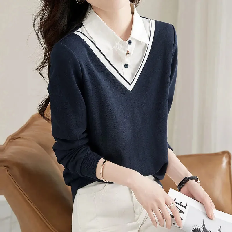 Stylish Polo-Neck Fake Two Pieces Patchwork Knitted Shirt Solid Color Chic Button Women's Clothing Korean Long Sleeve Blouse New