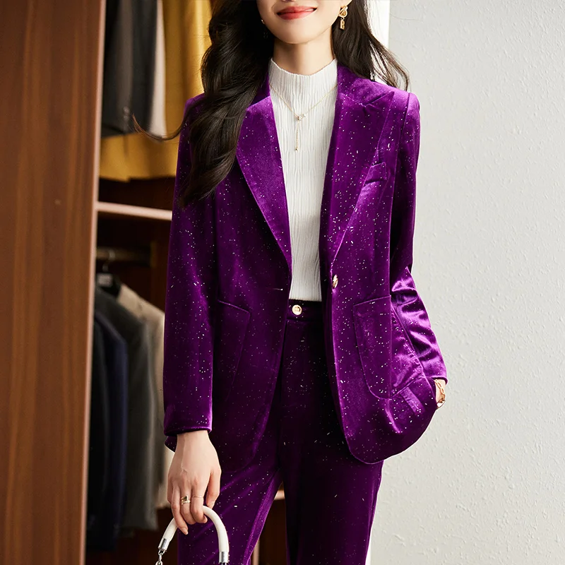 High Quality Shiny  Velvet Autumn Winter Formal Blazer Women Business Suits with Sets Work Wear Office Uniform Pants Jacket