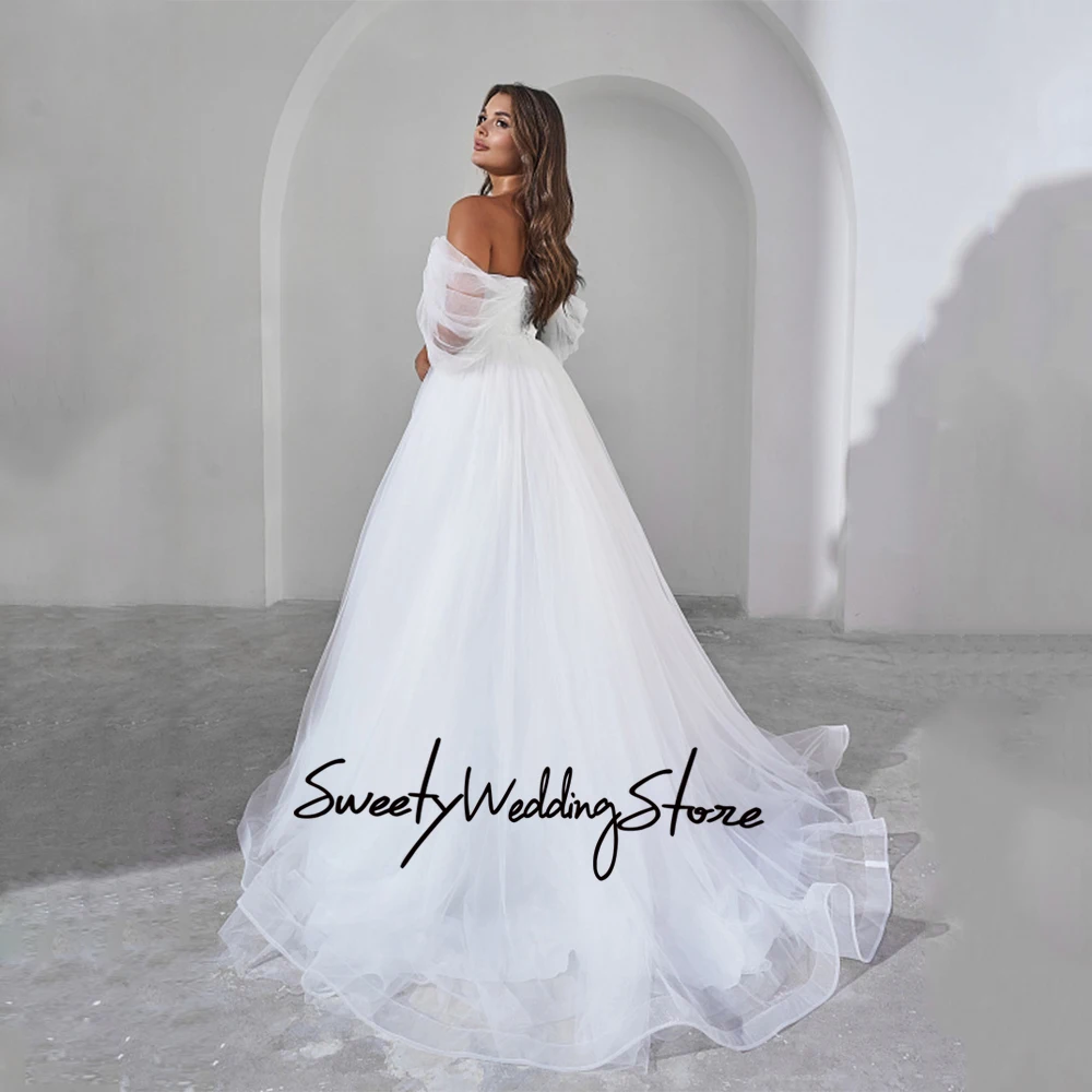 Wedding Dress Customized Off The Shoulder V Neck Pleat Sweep Train Soft Tulle A Line Corset Bridal Gown Vestido Novia 2