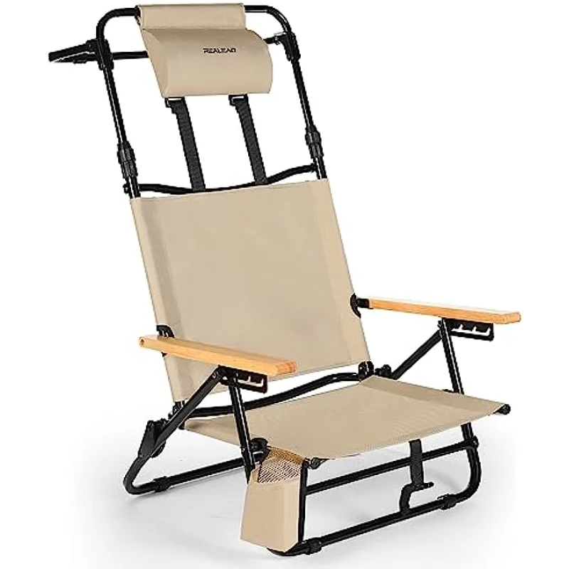 

REALEAD Reclining Beach Chairs for Adults - Extendable High Back Low Profile Beach Chair with Headrest, Cooler Pouch, 4-Positio