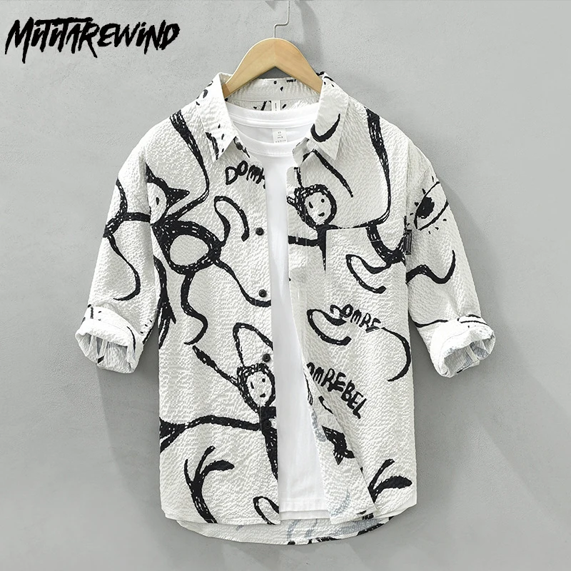 

Japanese Trendy Shirts for Men Summer Streetwear Men Printed Three-quarter Sleeves Shirt Thin Breathable Tops Camisas De Hombre