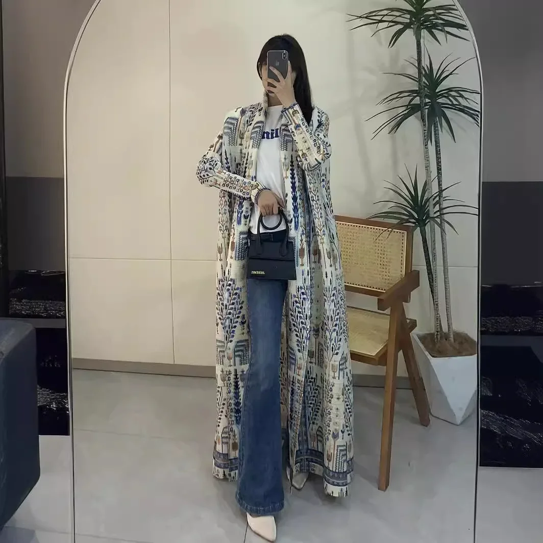 

Женское платье с поясом миаке, плиссированное платье с отложным воротником и длинным рукавом, Свободное пальто с винтажным принтом, 2024