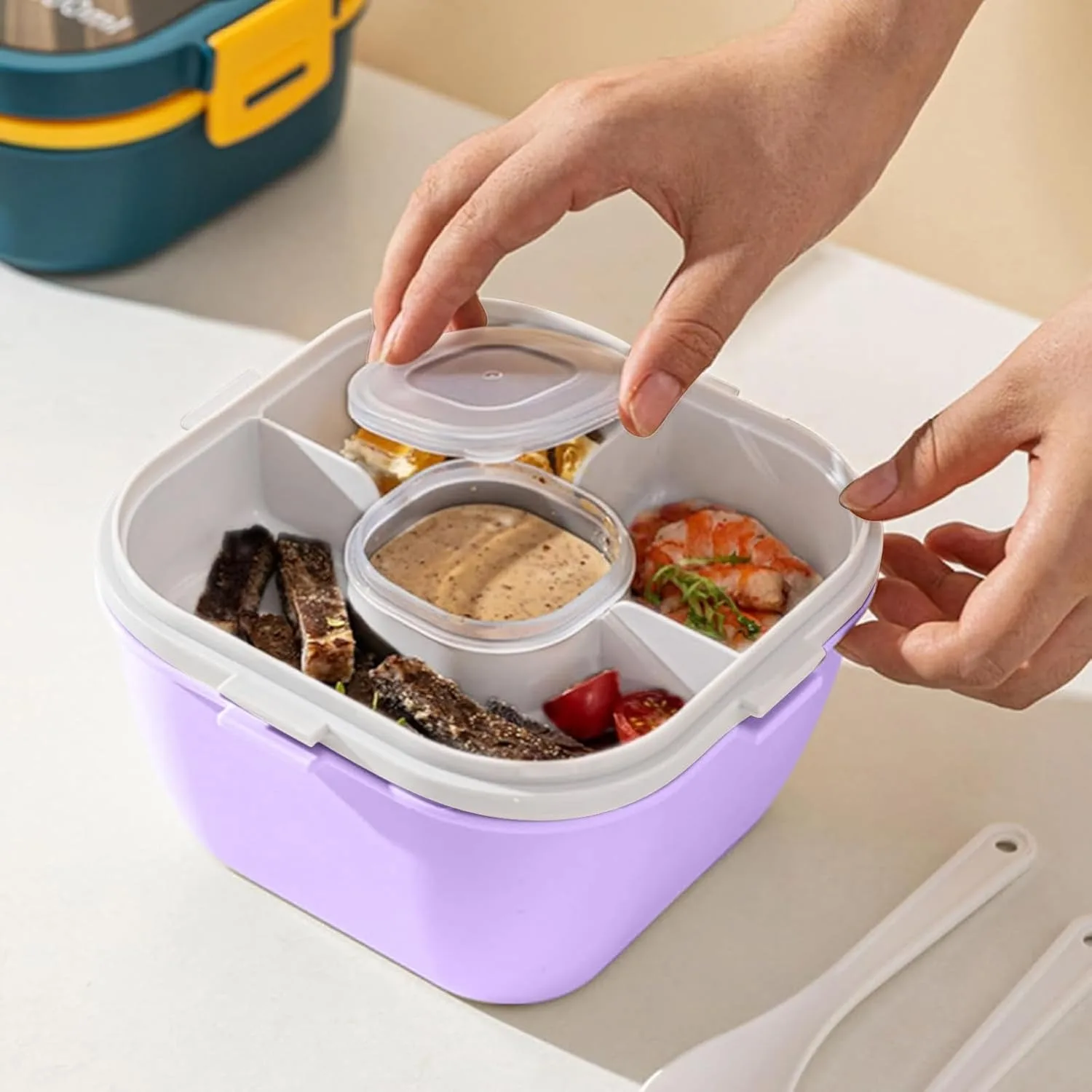 Salad Lunch Containers for Adults with Portable Bag,60oz/1.7L Large Plastic Salad Bowls, 4-Compartment Tray & a Sauce Cup
