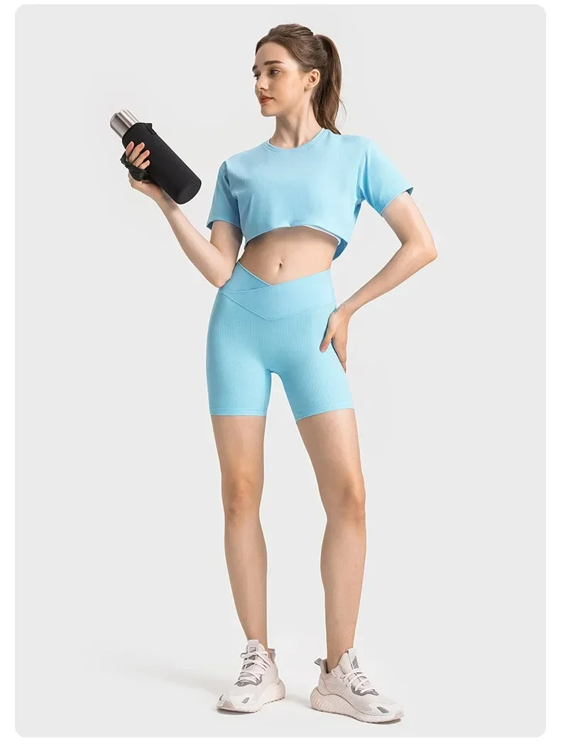 Lemon Women Yoga Fitness Shorts Ribbed Fabric Cross High Waist Gym Shorts Workout Running Gym Tights Sporty Shorts