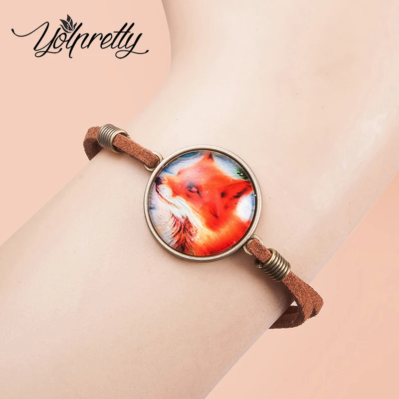 Bracelet Jewelry Leather Bracelets Fashion Fox in Forest Oil Paintings Handcraft Jewelry Glass Round Dome Leather Bracelets