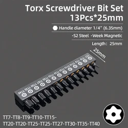 Premium Tamper Proof Torx Screwdriver Bit Set - 25mm Magnetic Flat Head Hex Hand Tools (13Pcs 25mm)