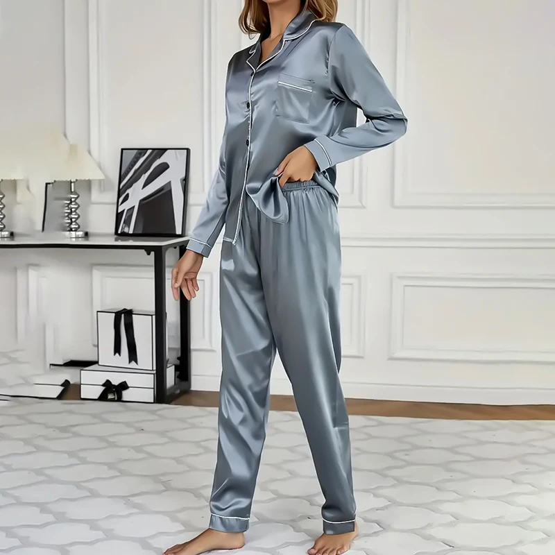 Women's Sleepwear Simple Satin Pajama Set Long Sleeve Buttons Lapel Top With Elastic Pants Loungewear Nightwear 2 Piece Nighty_voghion.com