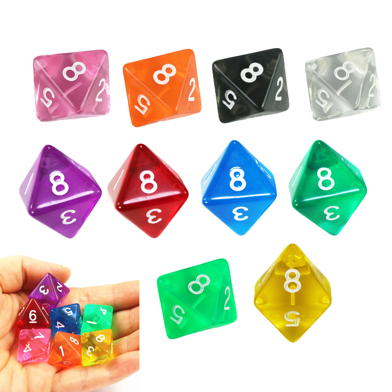 10Pcs D8 투명 컬러 주사위 세트, 역할 놀이 보드 게임용 플라스틱 8면-게임..