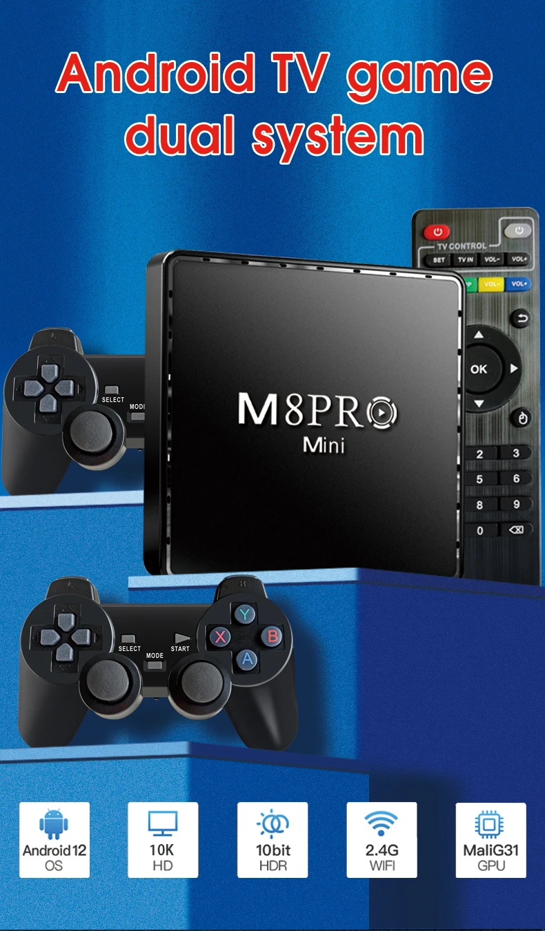 M8-Pro Mini 4K 64G 10000 Retro Video Game Console 2.4G Wilress Controllers Android 12 TV Box Wifi MaliG31 CPU Dual System