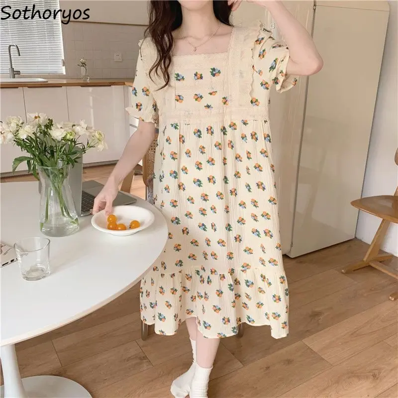 

Nightgowns Women Lace Flowers Sweet Simple Home Delicate Stylish Koreans Style Cozy All-match Ladies Summer Leisure Designed New