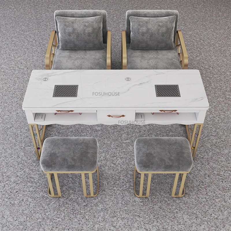 Nordic Wrought Iron Nail Tables For Commercial Furniture Nail Station Light Luxury Upscale Multifunction Marble Manicure Tables