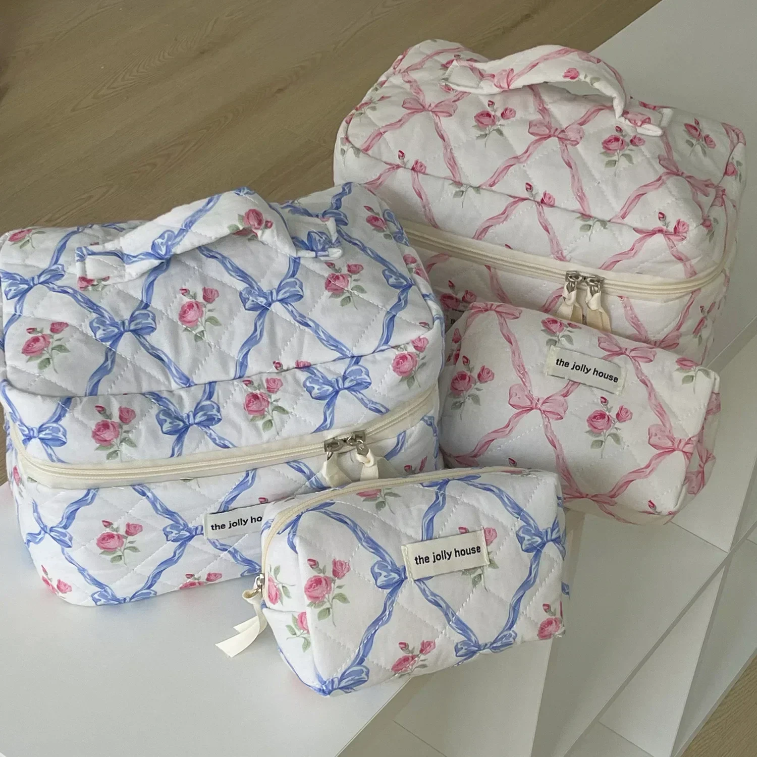 Cute Bow Flower Quilting Cotton Makeup Bag Women Zipper Cosmetic Organizer Female Cloth Handbag Portable Toiletry Case for Girls 3