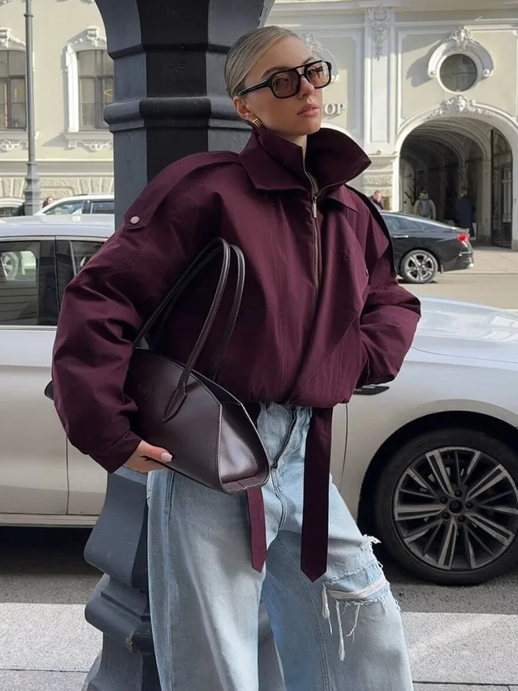 2025 Chic Zipper Bomber Jacket Women Fashion Stand Collar Long Sleeve Pocket Short Coat Autumn Lady Daily Street Outerwear