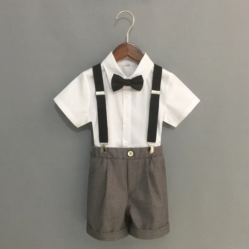 Summer Boys Strap Dress Suit Set New Children's Kindergarten Performance Piano Host Costume Kids Shirts Shorts Bowtie Clothing kids clothes