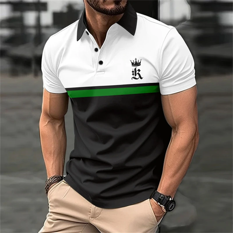 Funny Letter Print Polo T Shirt For Men Summer Casual Lapel Button Blouse Fashion Contrasting Colors Patchwork Short_voghion.com