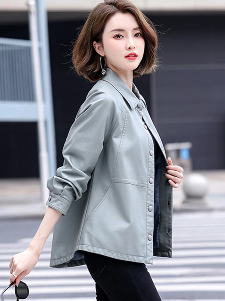 New Women Leather Jacket Spring Autumn Fashion Casual Shirt Style Split Leather Outerwear Loose Long Sleeve Sheepskin Tops Coat