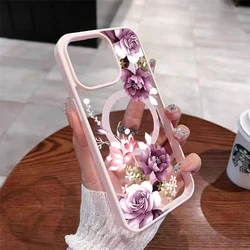 Lavender Pink Floral Wireless Charging Phone Case with Magnetic Cover - iPhone 15 (Pink - YYDSX2197)