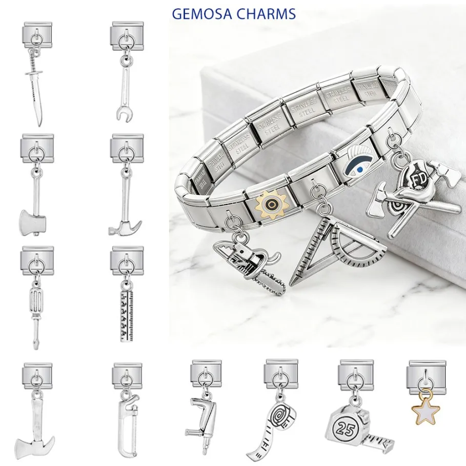 GEMOSA Italienischer Charm-Link, passend für 9 mm Edelstahl, klassische silberne Farbe, Werkzeugserie, Schmuckherstellung, Armband, DIY-Perlen-Anhänger