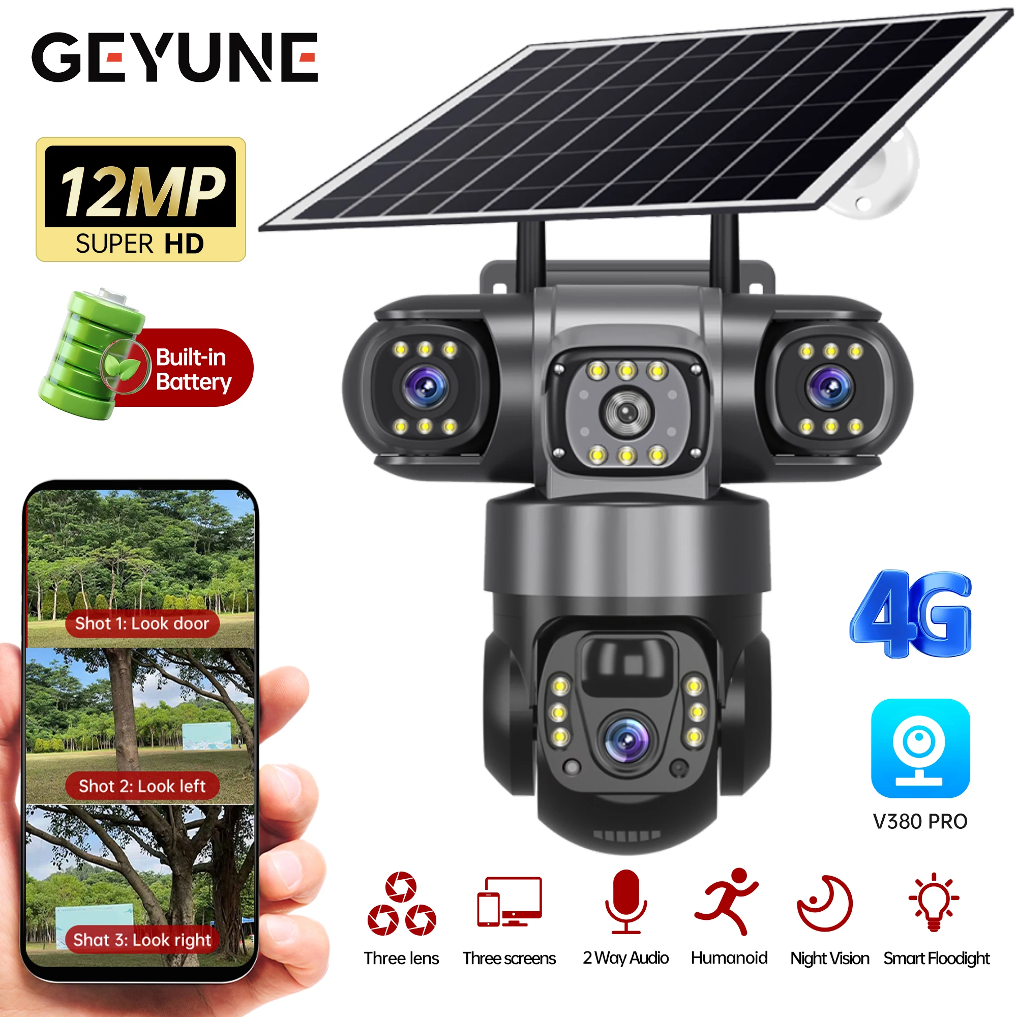 V380 Pro Solar Camera 4G SIM Outdoor 3 Lens Three Screens Webcam