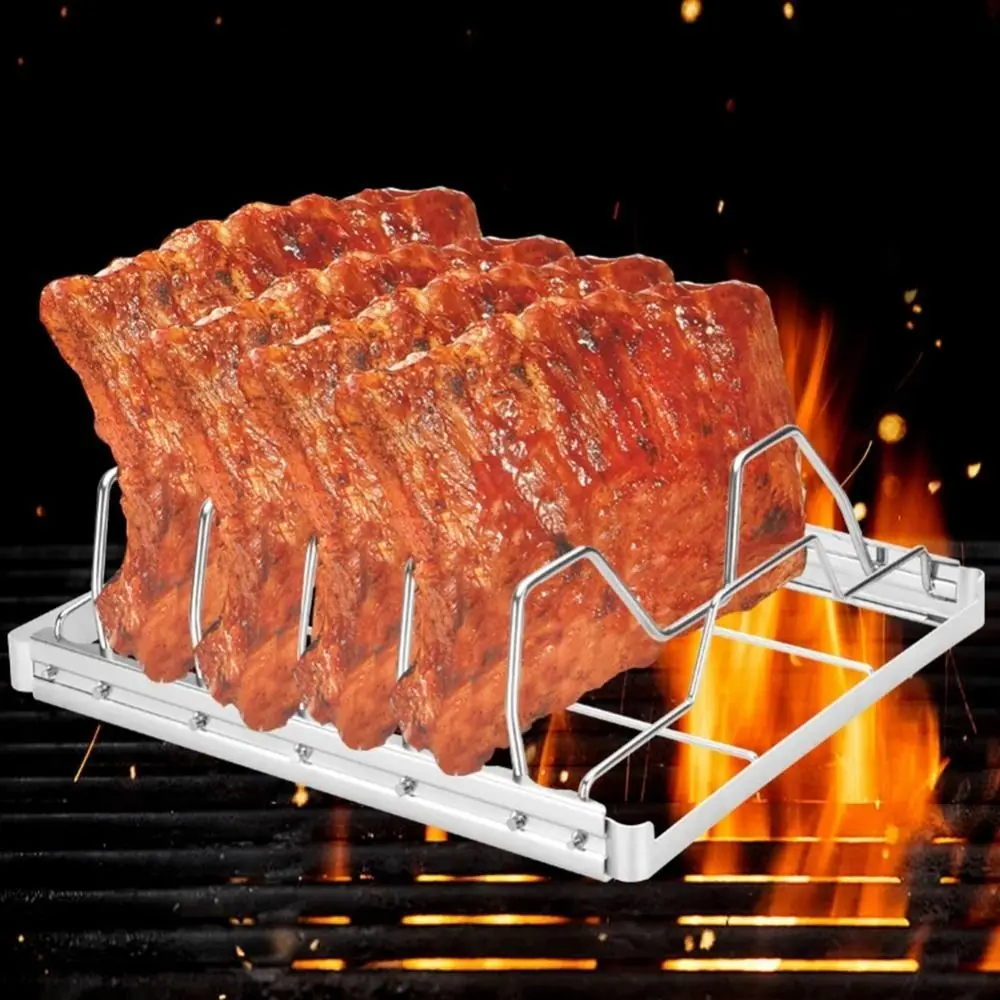 High Quality Stainless Steel Rib Rack Portable Silver Turkey Roasting Rack Folding Barbecue Grill BBQ