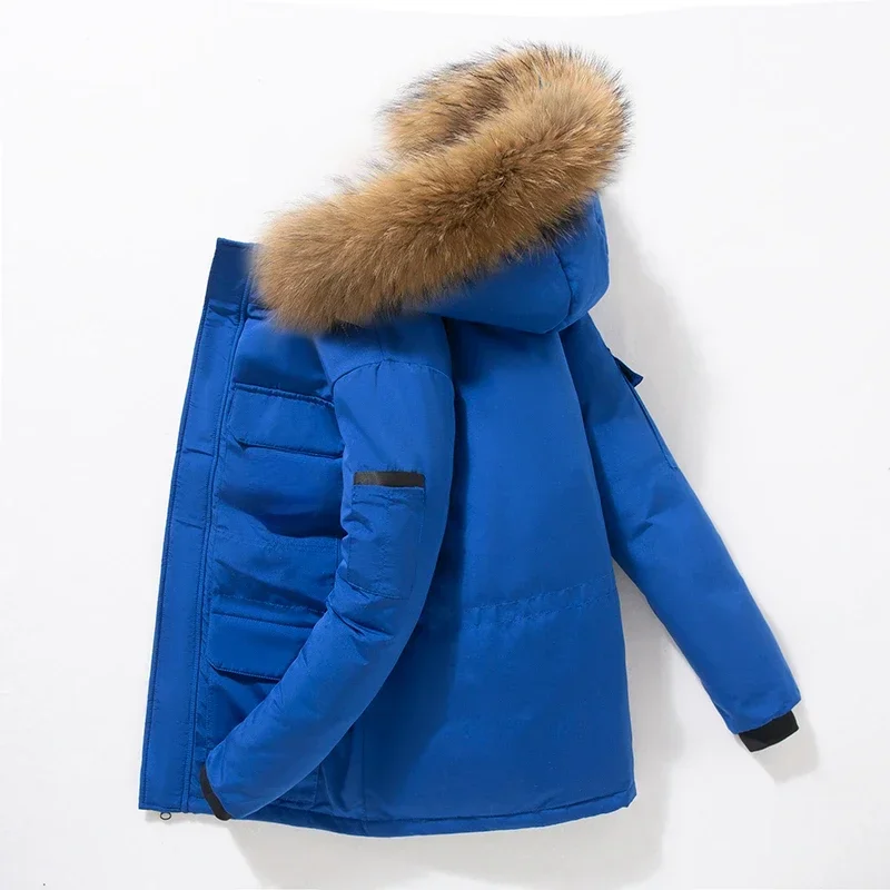 Mens Winter Down Jacket Fashion Disassembled Big Fur Collar Hooded White Duck Down Coat Women Ski Multi-Pocket Lightweight Parka