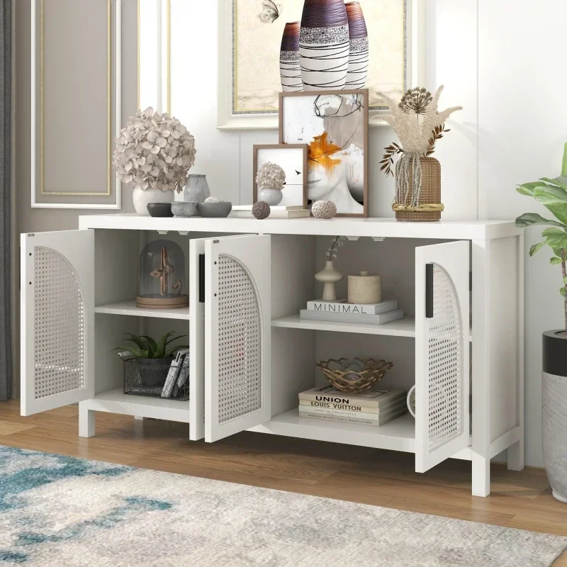 White Large Storage Space Sideboard with Artificial Rattan Door