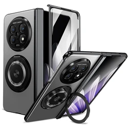 Magnetic Anti - Drop Phone Case with Rotate Ring and Glass Front Film - Simple Protective Shell with Hinge Covers - OPPO Find N5 (Silver)