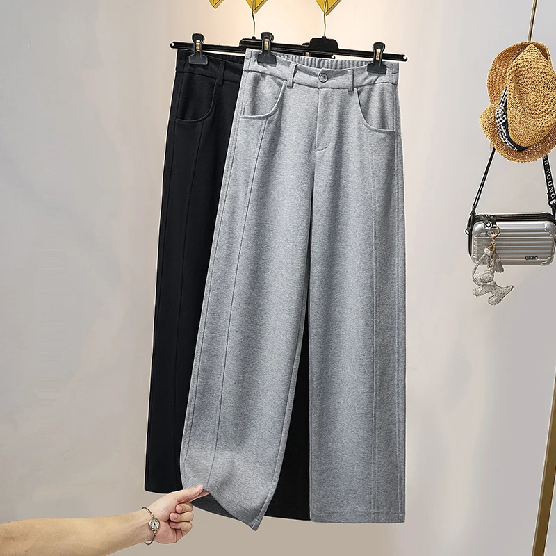 

Свободные женские широкие брюки с высокой талией, Осенние повседневные спортивные простые Универсальные однотонные прямые брюки в литературном стиле с карманами