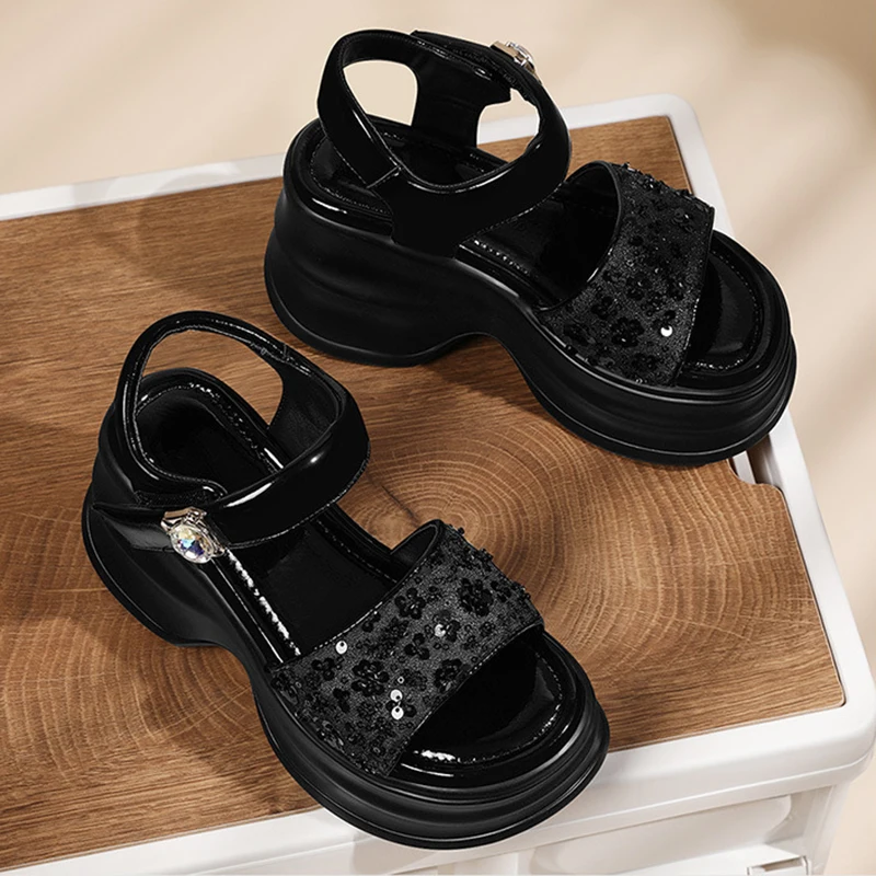 8.5cm Wedges Platform Sandals For Women Summer Fashion Sweet Bling Leather High Heels Platform Sandals Beach Sandal Size 34-39