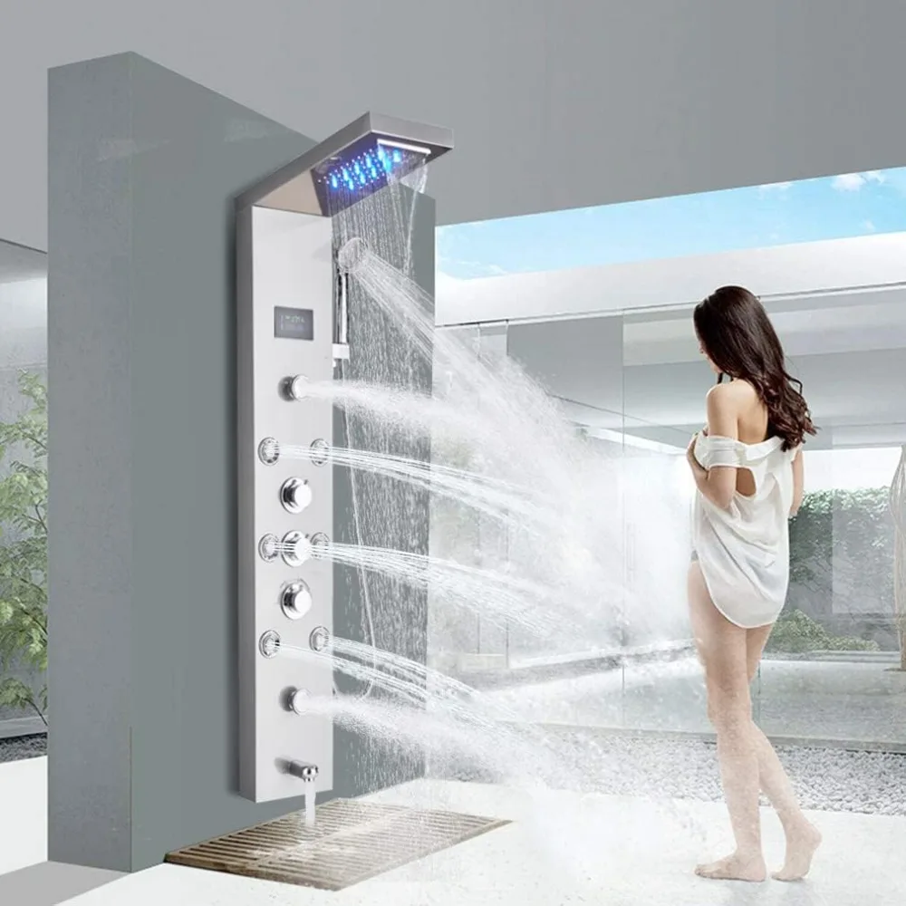 FUZ Contemporary Shower Panel Tower System Stainless Steel 6-Function Faucet LED Rainfall Waterfall Shower Head