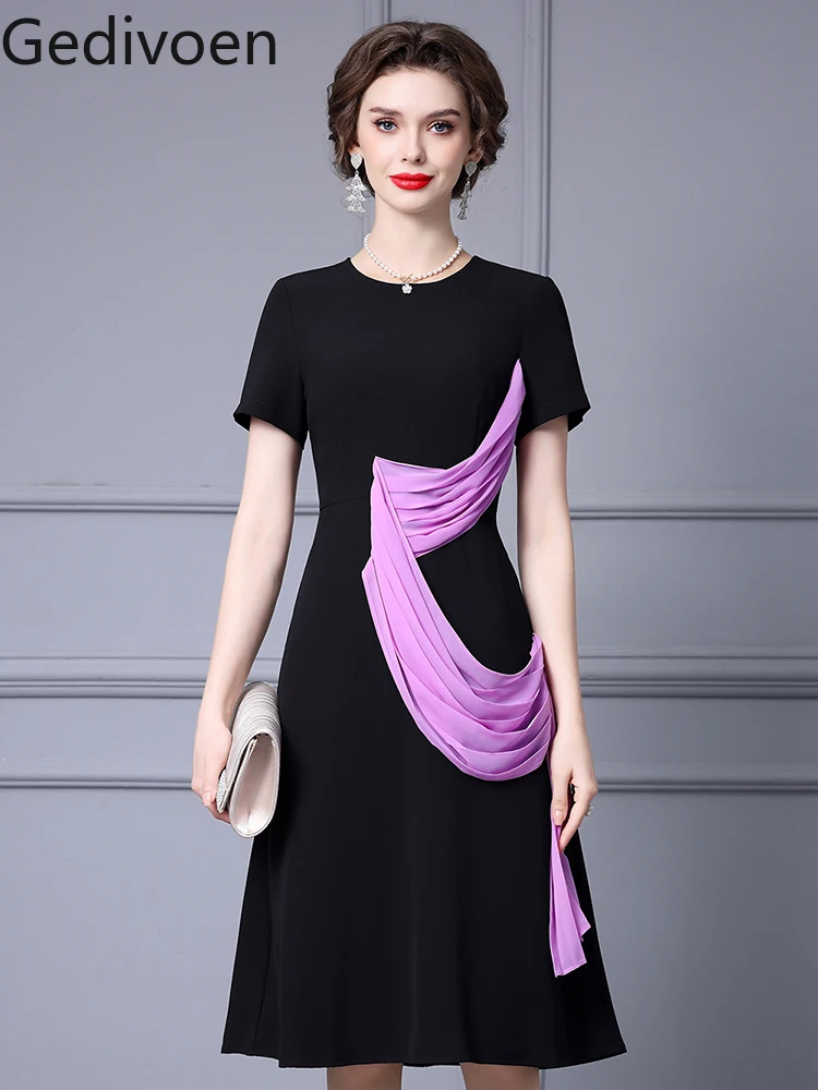 

Gedivoen Summer Fashion Runway New Designer O-Neck Collar Patchwork Folds Temperament Elegant Office Lady A-LINE Dress