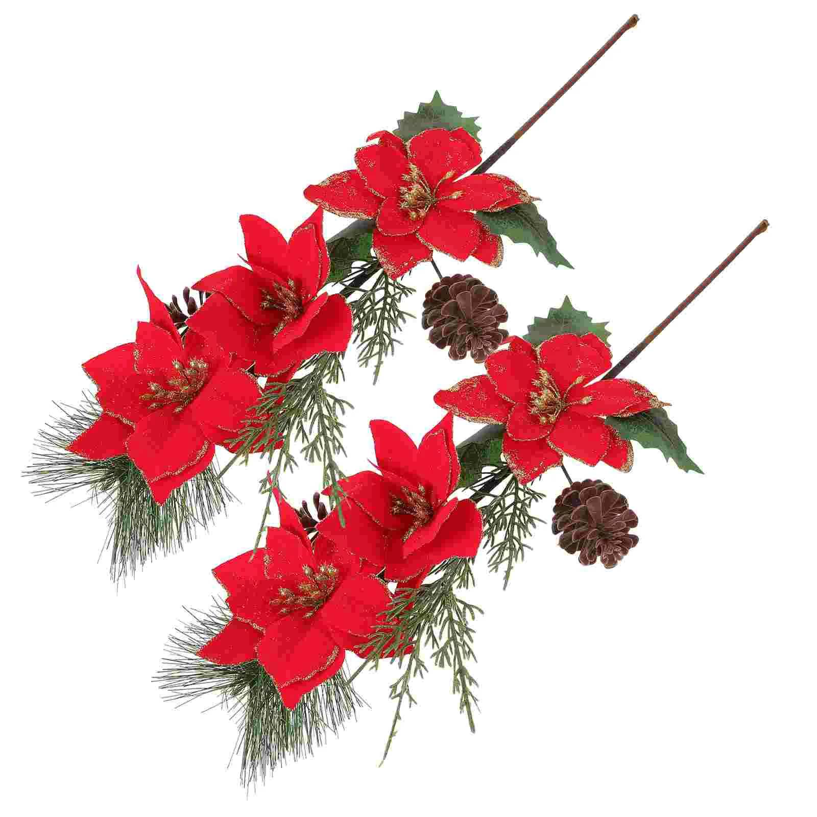 

Christmas Poinsettia Flower Picks Artificial Pine Needles Branches Pine Cone Twigs Faux Stem Diy Xmas Tree Ornaments Wreath